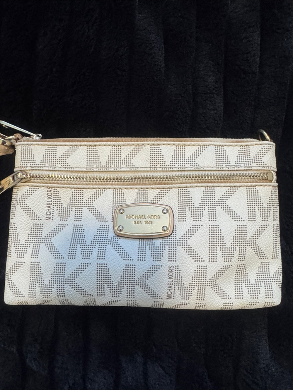 Michael Kors Cream Logo Wristlet with Gold Plaque